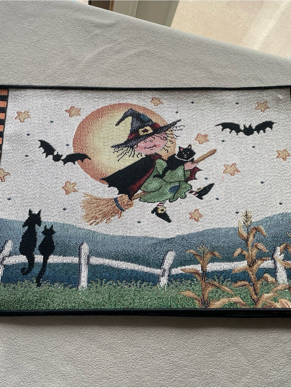 Vintage Halloween Tapestry Placemats Set 4 Witch Black Cat Bat Moon Corn Woven